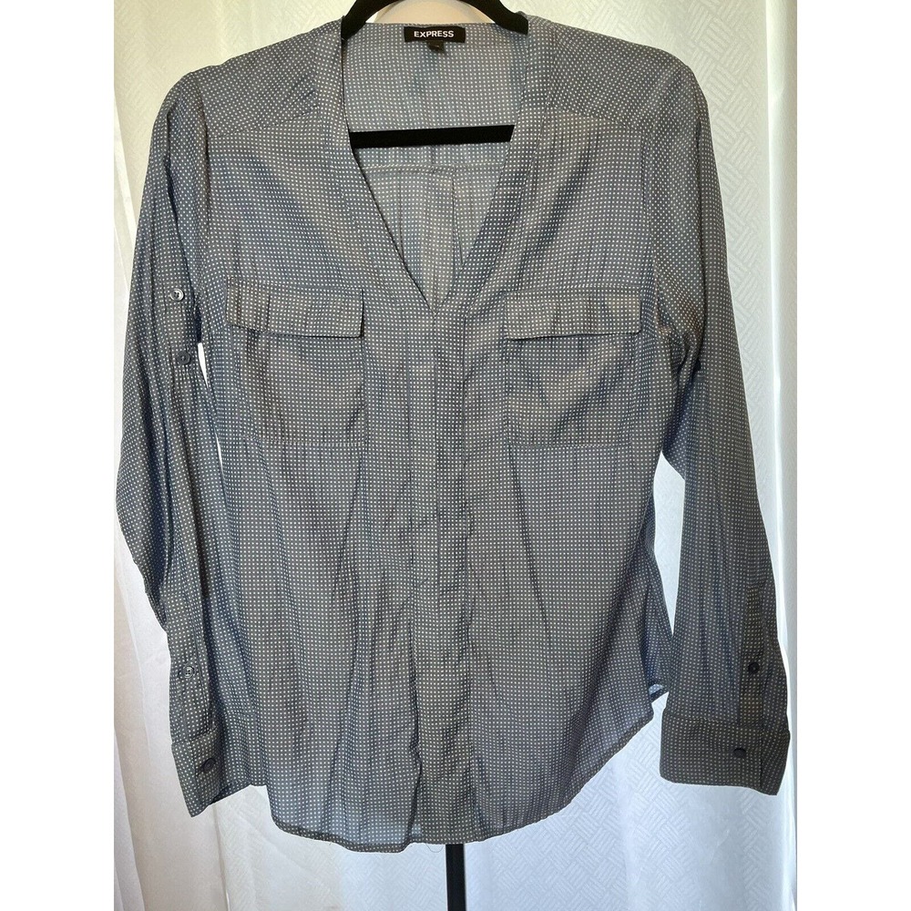 EXPRESS Blue Shirt Womens Medium Button Up Blouse Polka Dot Long Sleeve Blue